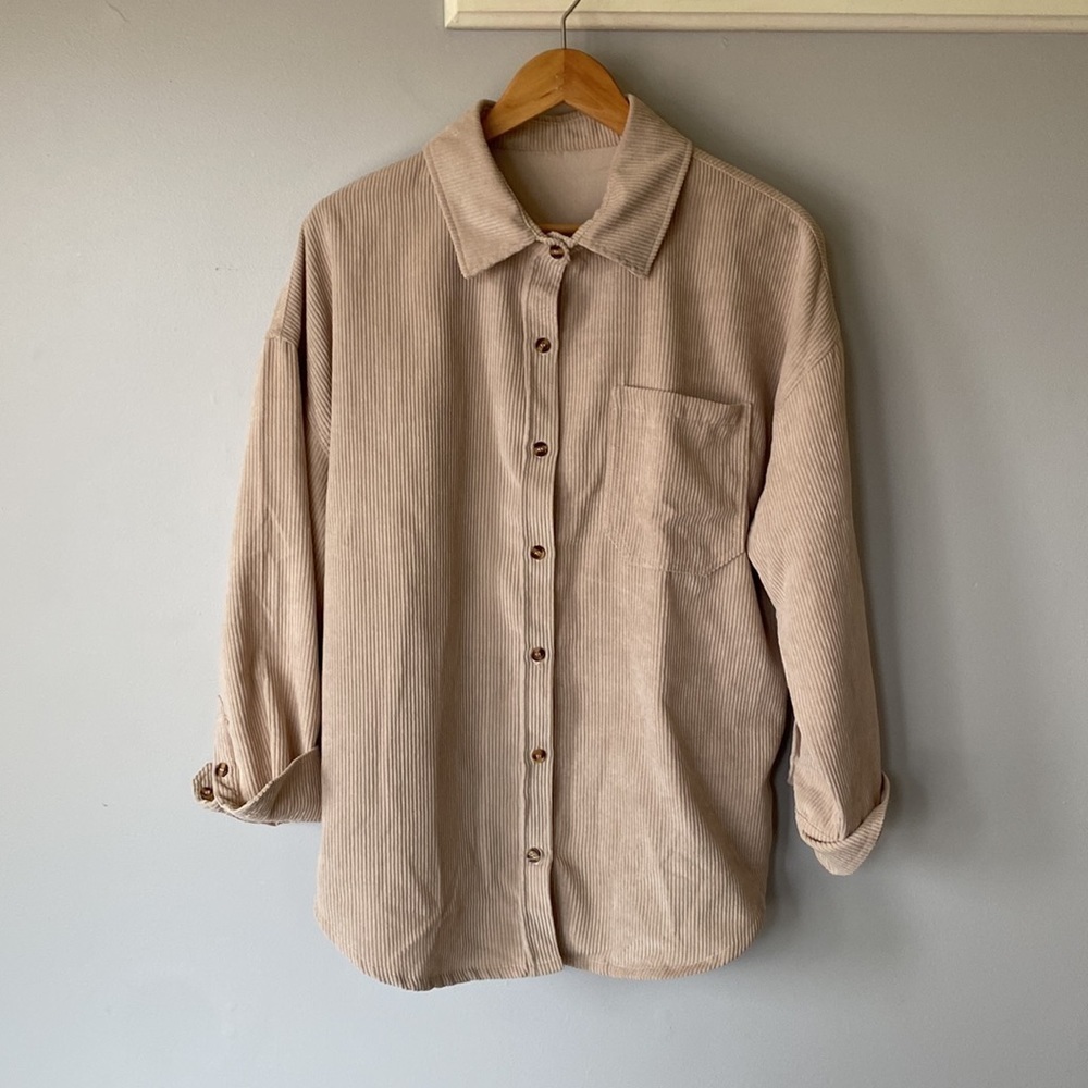 Neutral ribbed oversized button down long sleeve shirt